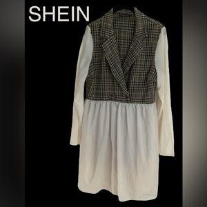 SHEIN🧡Plaid Vest with White Long Sleeve Dress